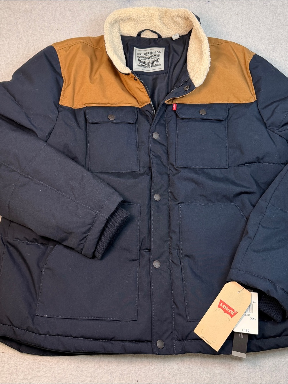 Levi's Navy Puffer Jacket with Brown Yoke and Sherpa Collar
